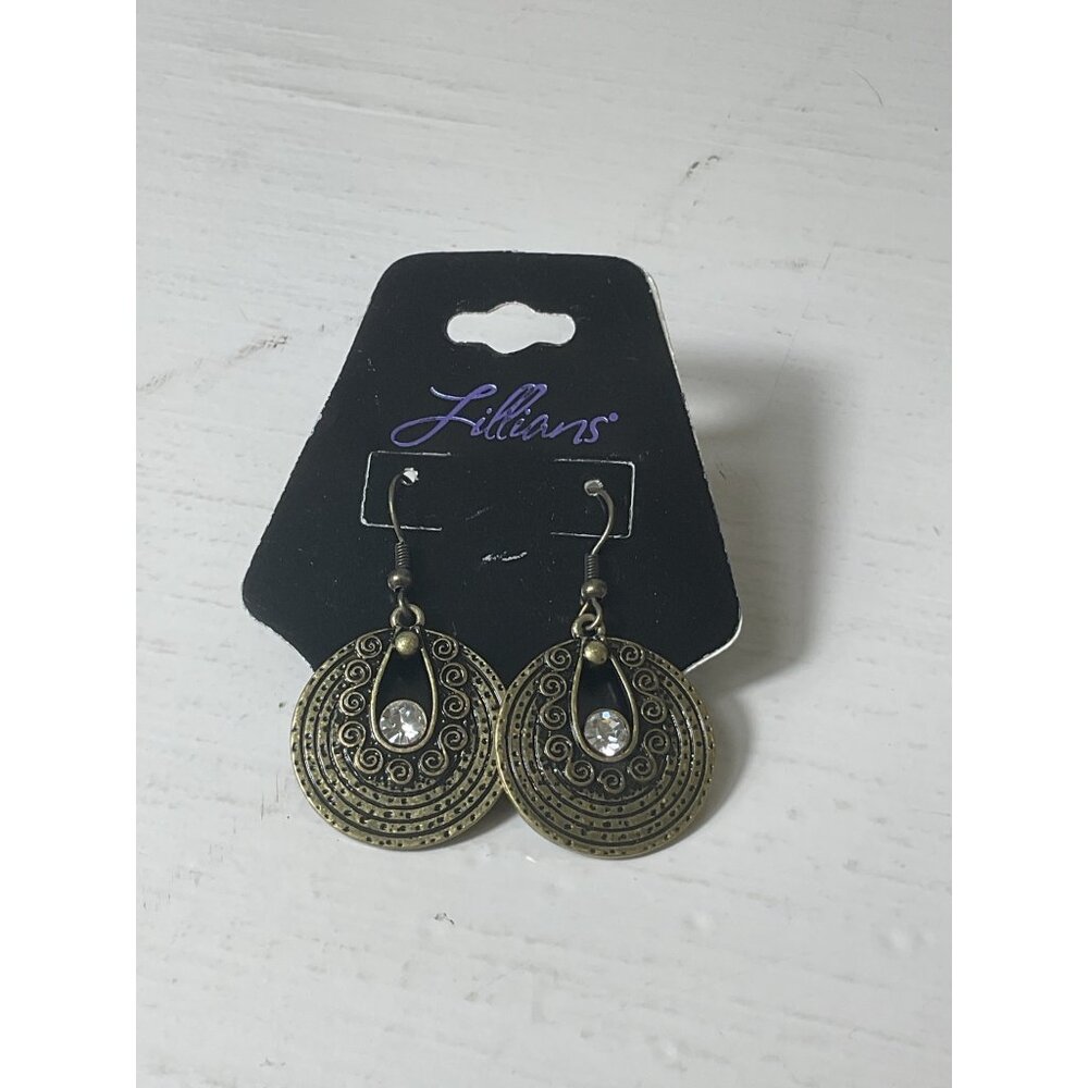 Lillians Bronze Boho Rhinestone Circle Dangle Earrings Geometric Tribal Festival